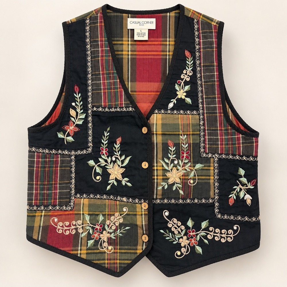 Vtg 90s Plaid Patchwork Vest Women Sz L Floral Embroidery Cottagecore Boho Folk